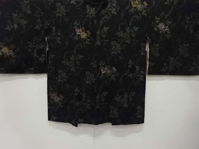 JAPANESE ANTIQUE HAORI / TAISHO ROMAN STYLE / SILK / URUSHI / WOVEN STREAM & FLOWERS